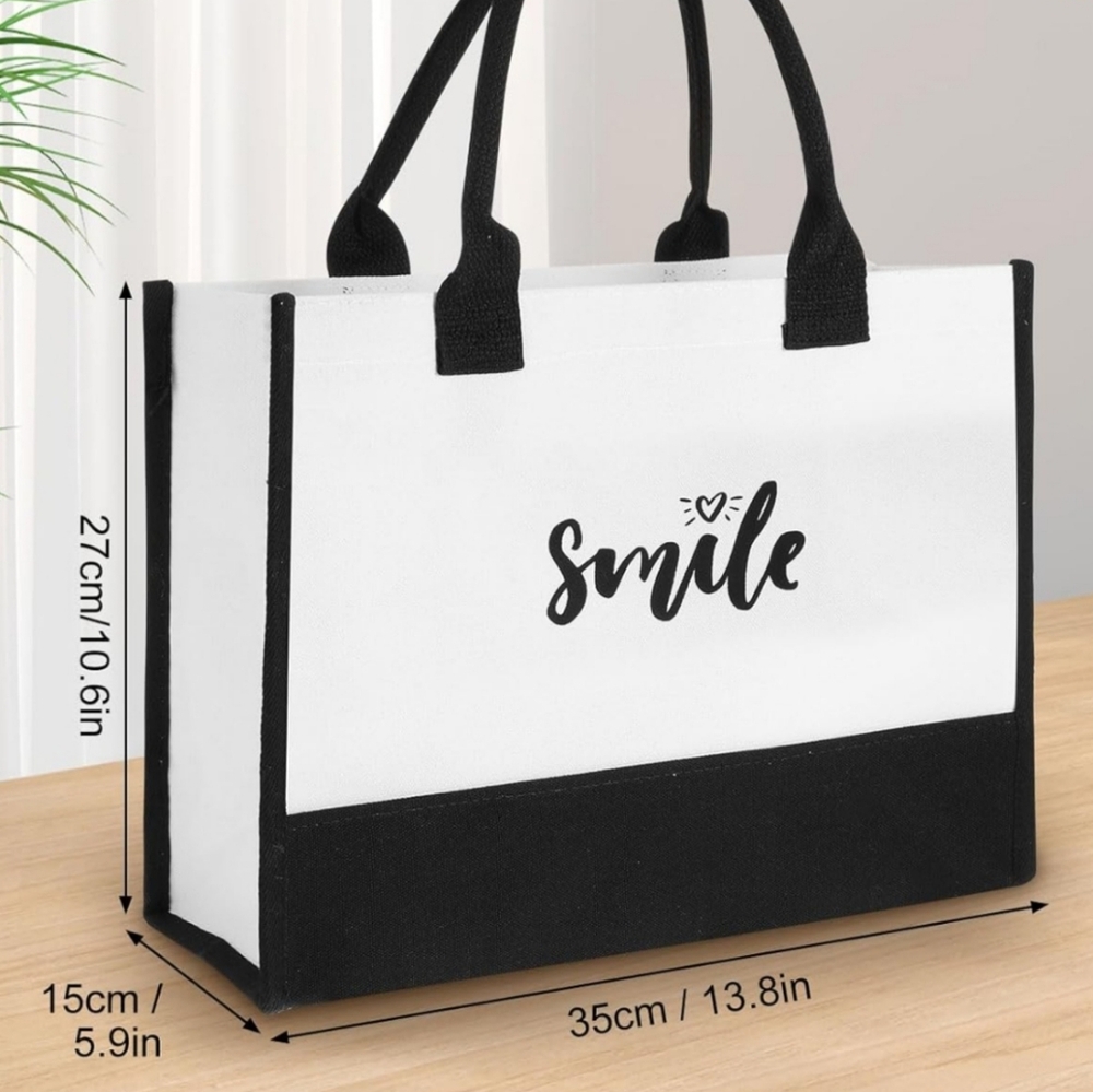 'Smile' Black and White Tote Bag With Handles